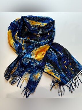 The Commons Starry Night Van Gogh Art Scarf Wrap Blue Yellow Fringe